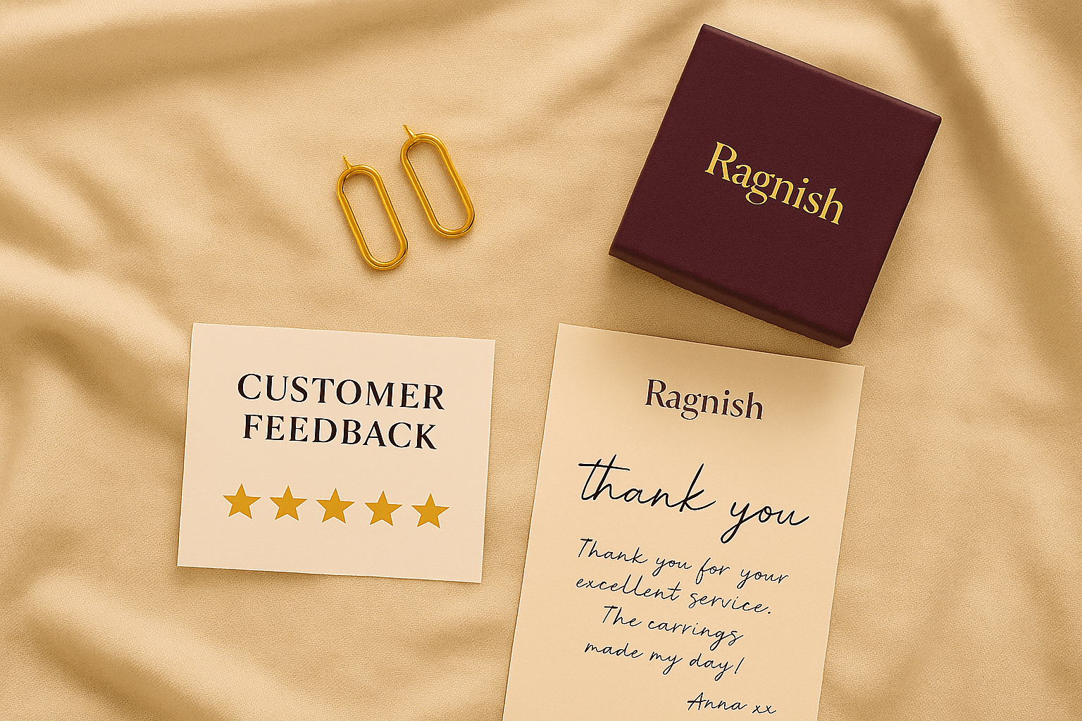 Minimalist flat lay of Ragnish thank-you card, jewellery box, and earrings with customer review