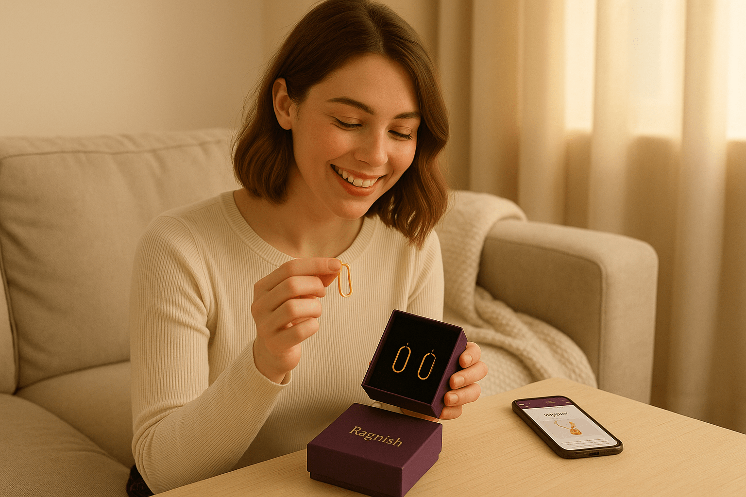 Young woman unboxing Ragnish jewellery at home with elegant earrings and branded packaging
