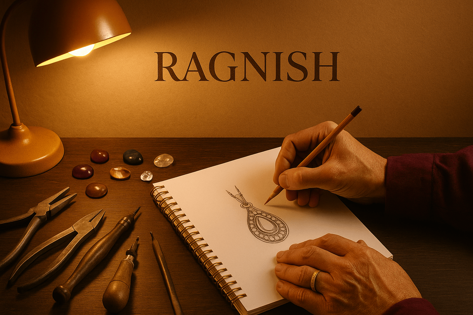 Handmade jewellery creation process at Ragnish workshop with warm lighting.
