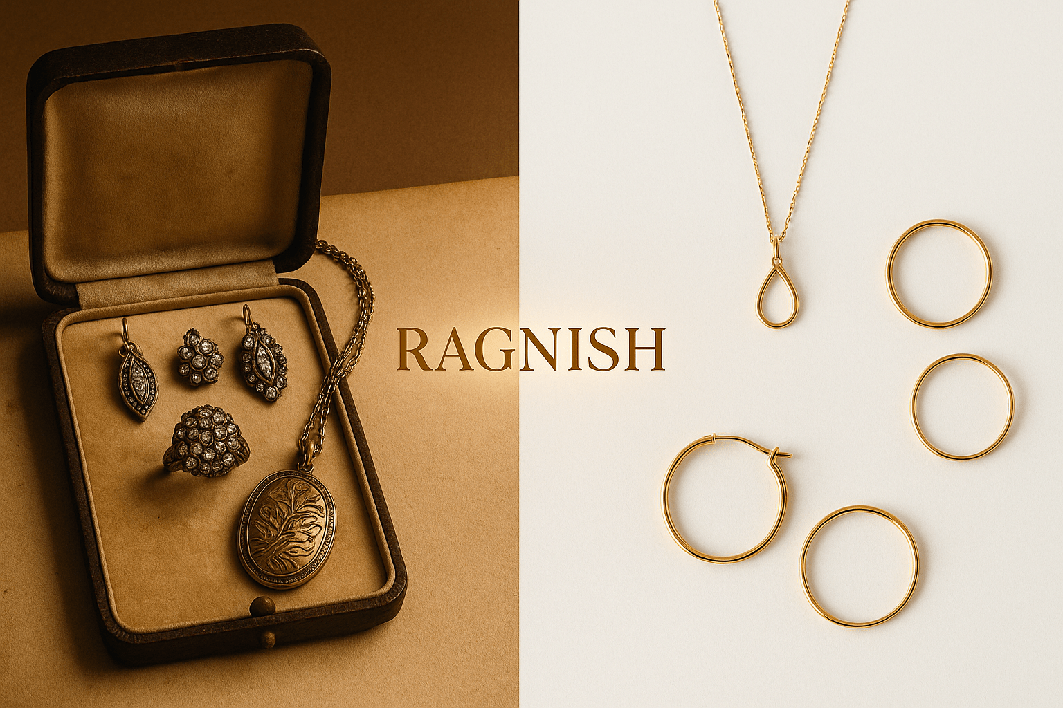 Ragnish branded jewellery packaging with elegant pendant and rings.