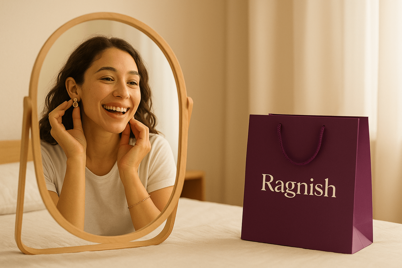 Smiling woman trying budget jewellery from Ragnish