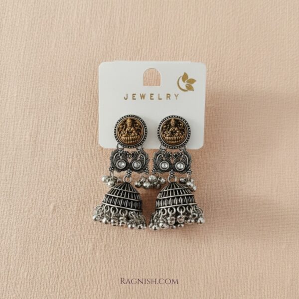 Close-up of RAGNISH Heritage Collection Jhumkas with Zirconia stones and ghungroo bells