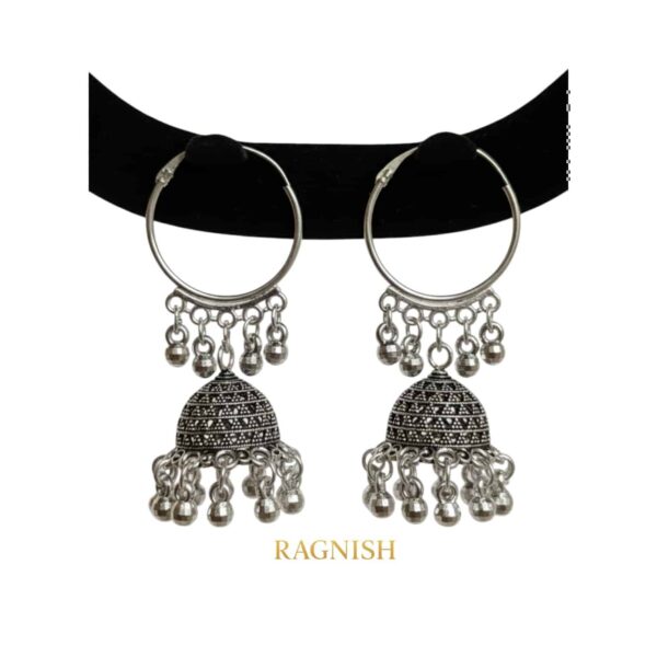 Product photo of RAGNISH polished sterling silver Jhumka earrings on a clean background.