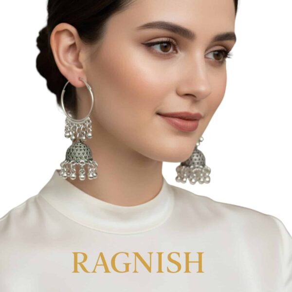 RAGNISH luxury jewelry: elegant Jhumka hoop earrings styled for a high-fashion look.