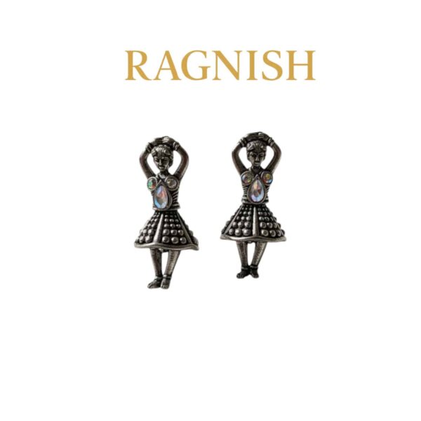 Close-up of RAGNISH dancing doll earrings for e-commerce display.