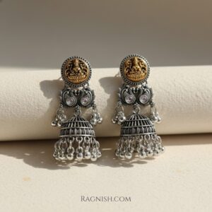 RAGNISH 'Devi' Dual-Tone Jhumkas Oxidized Silver Gold Finish Lakshmi Motif Earrings