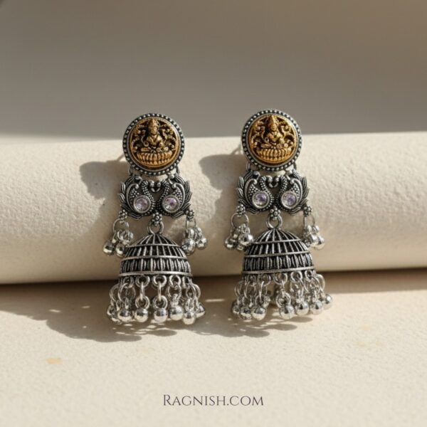 RAGNISH 'Devi' Dual-Tone Jhumkas Oxidized Silver Gold Finish Lakshmi Motif Earrings