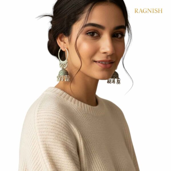 A pair of RAGNISH sterling silver Jhumka hoop earrings with intricate bell designs.
