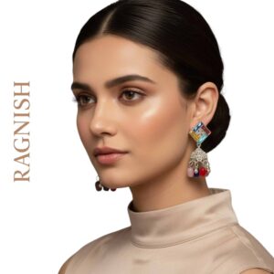 Styled photo of a model wearing RAGNISH Radiance Earrings, highlighting the elegant design and vibrant color beads.
