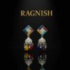 A close-up of RAGNISH Radiance Earrings, showcasing the intricate silver filigree and multi-colored gemstones.