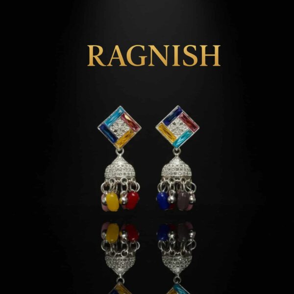 A close-up of RAGNISH Radiance Earrings, showcasing the intricate silver filigree and multi-colored gemstones.
