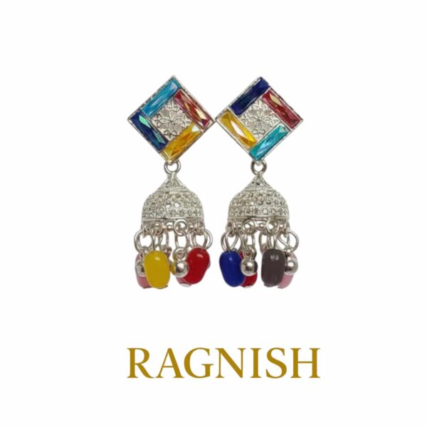 A pair of RAGNISH Radiance Earrings on a white background, featuring the geometric stud and traditional beaded jhumkas.