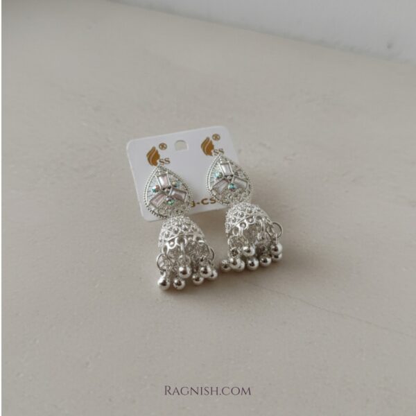 Ethnic Silver Bell Earrings with Pearly White Stones