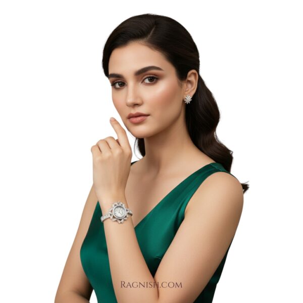 Close-up of sparkling women's designer watch with baguette and round-cut zirconia band, formal luxury jewelry accessory.