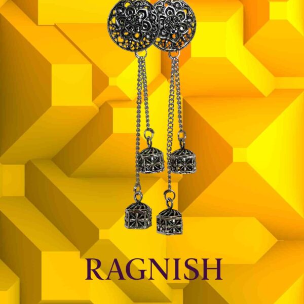 Stunning RAGNISH bohemian-style earcuff with a floral medallion and hanging ornate bell tassels on a white background.