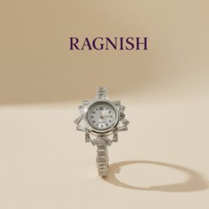 RAGNISH luxury sterling silver bangle watch with starburst cubic zirconia cluster setting and white analog dial on a neutral background.