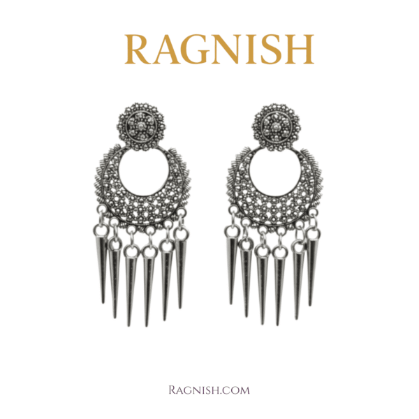 Pair of RAGNISH Tribal Drop Earrings on a white background, highlighting the craftsmanship and length.