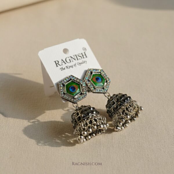 Traditional Indian Jhumkas by RAGNISH, featuring Oxidized Metal and Vibrant Green Enamel.