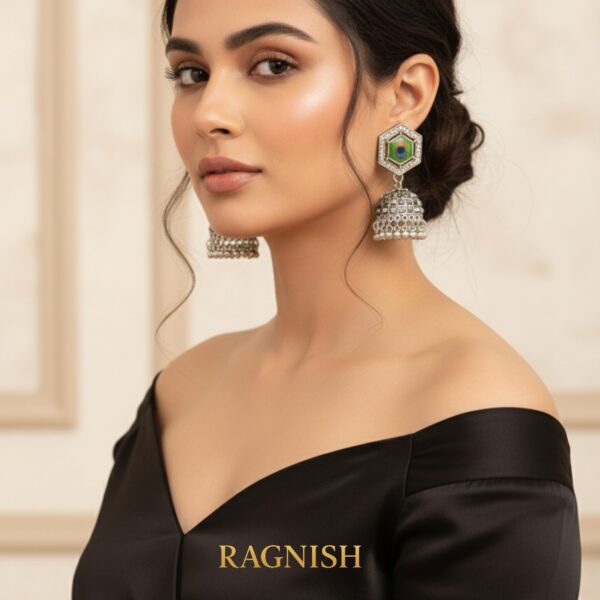 High-quality RAGNISH Silver-Finish Jhumka Earrings with Multi-Coloured Crystal and Hexagonal Frame