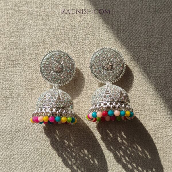 Detailed image of RAGNISH luxury silver-tone jhumkas with bright rainbow beads.