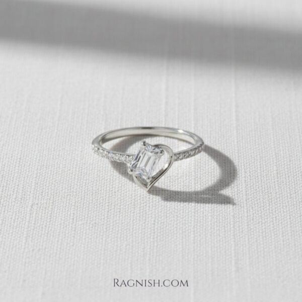 Luxury simulated diamond heart ring, adjustable size, with pavé CZ and baguette stone.