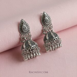 RAGNISH Anokhi oxidized jhumka earrings, front view, intricate silver-tone teardrop stud and hanging bell-shaped design.