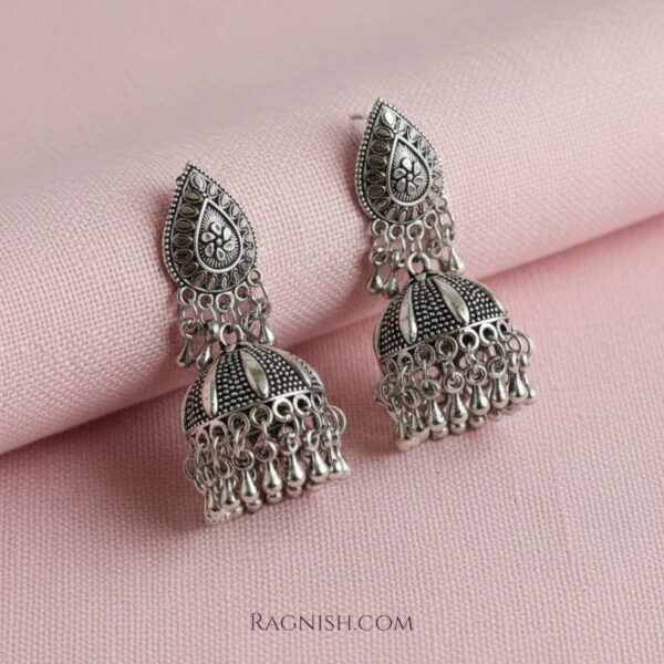 RAGNISH Anokhi oxidized jhumka earrings, front view, intricate silver-tone teardrop stud and hanging bell-shaped design.