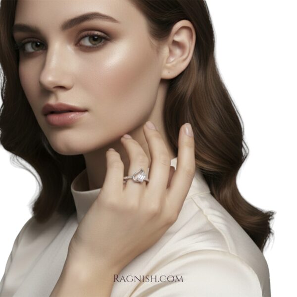 Modern asymmetrical heart design adjustable ring with white cubic zirconia gemstones for women.