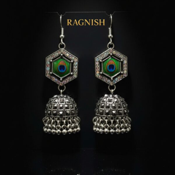 RAGNISH Luxury Oxidised Hexagon Jhumka Earrings with Enamel Peacock Feather Design.
