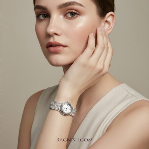Women's statement jewelry watch, open-cuff design with brilliant diamond simulant stones.