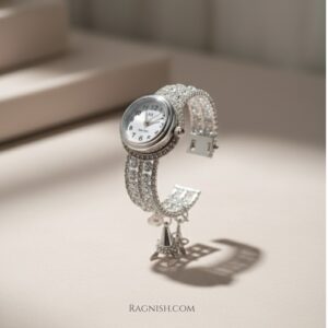 RAGNISH Luminary Cuff Watch with crystal-set band and pearl drop charm product photo.