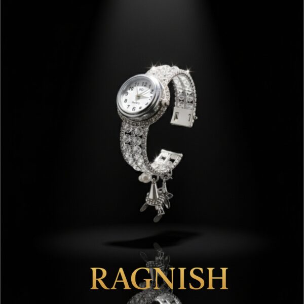 Close-up of RAGNISH watch face and multi-row crystal band, high-end fine jewelry photo.