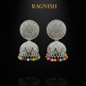 RAGNISH Navrang Multicolored Crystal Jhumka Earrings product shot for e-commerce.