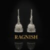 Elegant silver-toned Indian Jhumki earrings with bead fringe, high-quality luxury jewelry from RAGNISH brand.