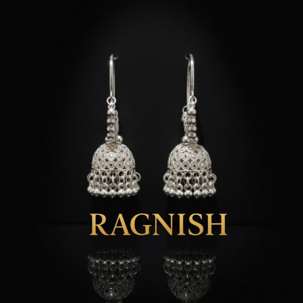 Elegant silver-toned Indian Jhumki earrings with bead fringe, high-quality luxury jewelry from RAGNISH brand.