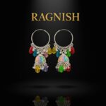 RAGNISH sterling silver jhumka hoop earrings with multi-colored enamel and dangling glass beads on black background