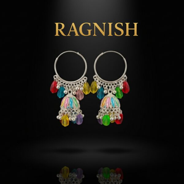 RAGNISH sterling silver jhumka hoop earrings with multi-colored enamel and dangling glass beads on black background