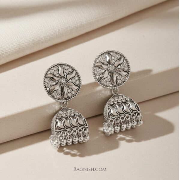 RAGNISH Silver Bloom Jhumka Earrings - Oxidized floral stud and patterned bell with ghungroos.