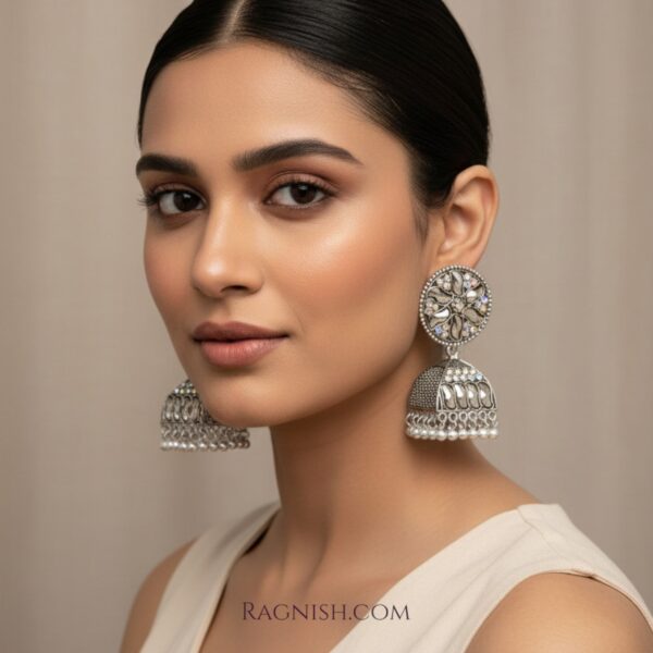 Detailed close-up of RAGNISH floral Jhumka earrings on neutral background.