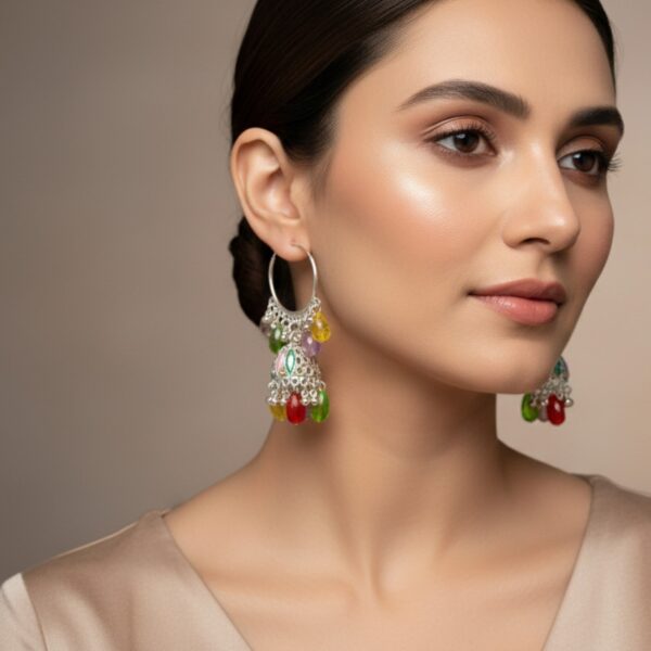Handcrafted RAGNISH jewelry: festive sterling silver enamel jhumka earrings with colored faceted beads