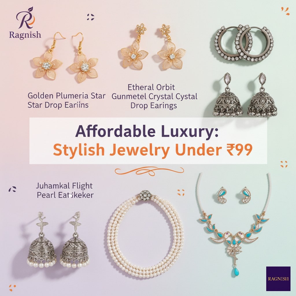 Affordable luxury jewelry under ₹99 from Ragnish featuring earrings, chokers, and jewelry sets