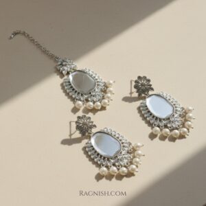 RAGNISH Luxury Kundan & Pearl Maang Tikka Earrings Set | Silver-toned jewelry for wedding.