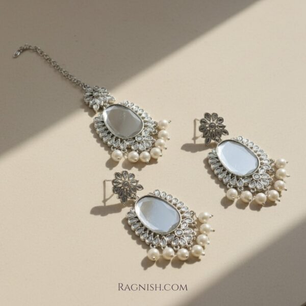 RAGNISH Luxury Kundan & Pearl Maang Tikka Earrings Set | Silver-toned jewelry for wedding.