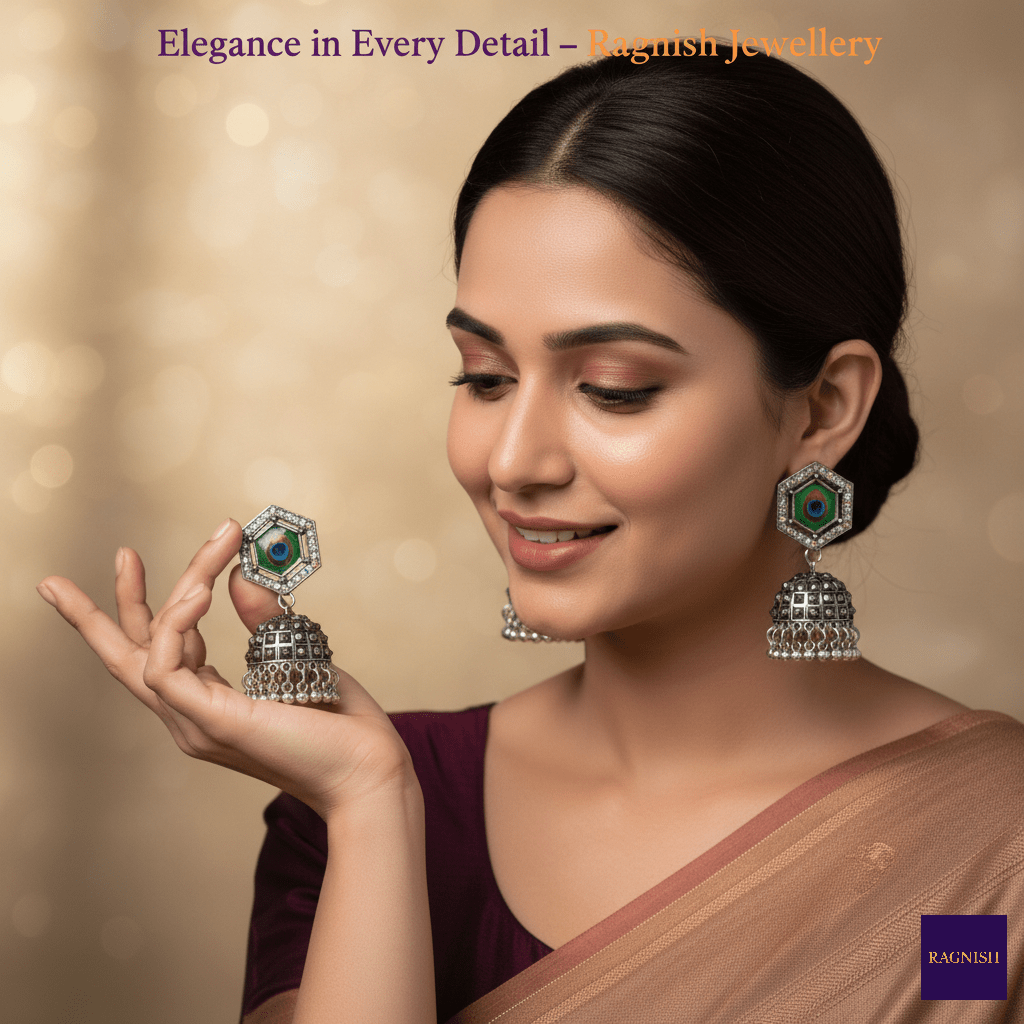 Model holding Ragnish Peacock Jhumka – stylish festive jewellery for women.