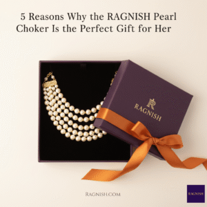 RAGNISH Multi-Strand Pearl Choker in branded purple gift box with orange ribbon – elegant jewelry gift for her.