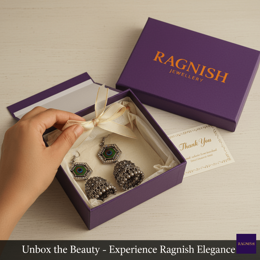 Woman unboxing Ragnish Peacock Jhumka festive jewellery in premium packaging.