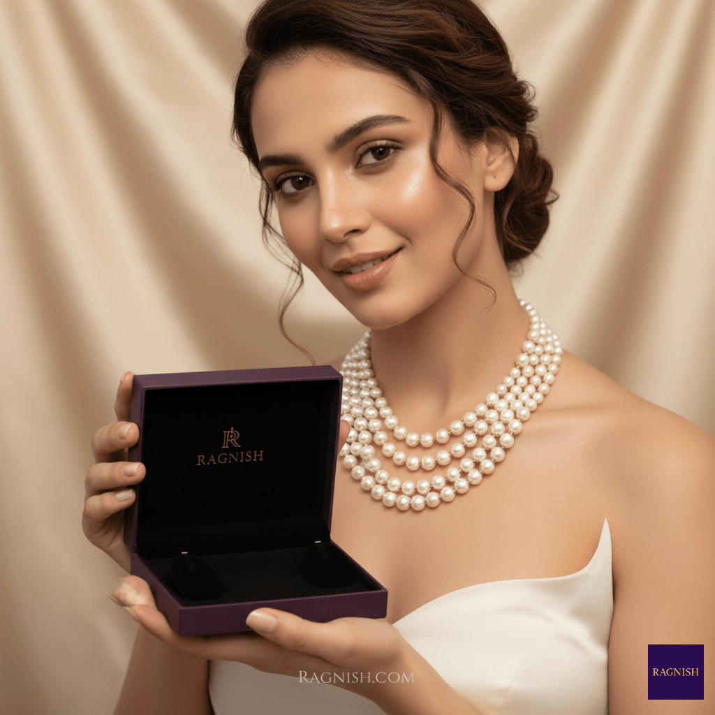 Woman wearing RAGNISH Pearl Choker holding branded purple jewelry box symbolizing timeless beauty.
