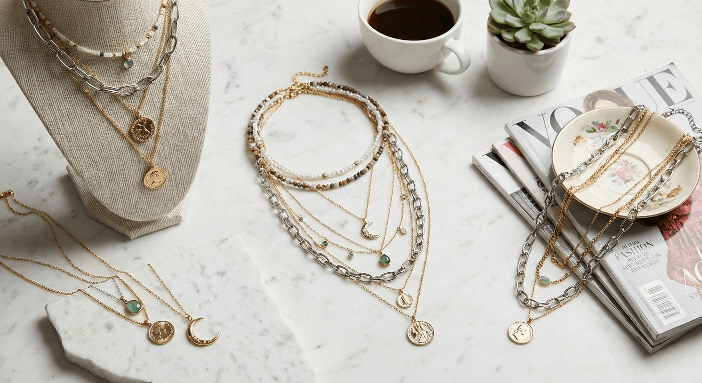 Layered necklaces in gold and silver tones from Ragnish.com, trendy jewellery for 2026.