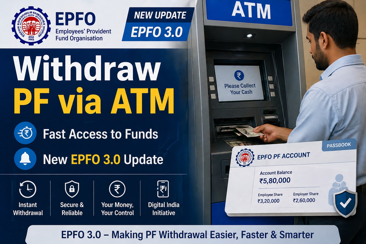 EPFO 3.0 PF withdrawal eligibility and limit infographic with UAN Aadhaar requirements