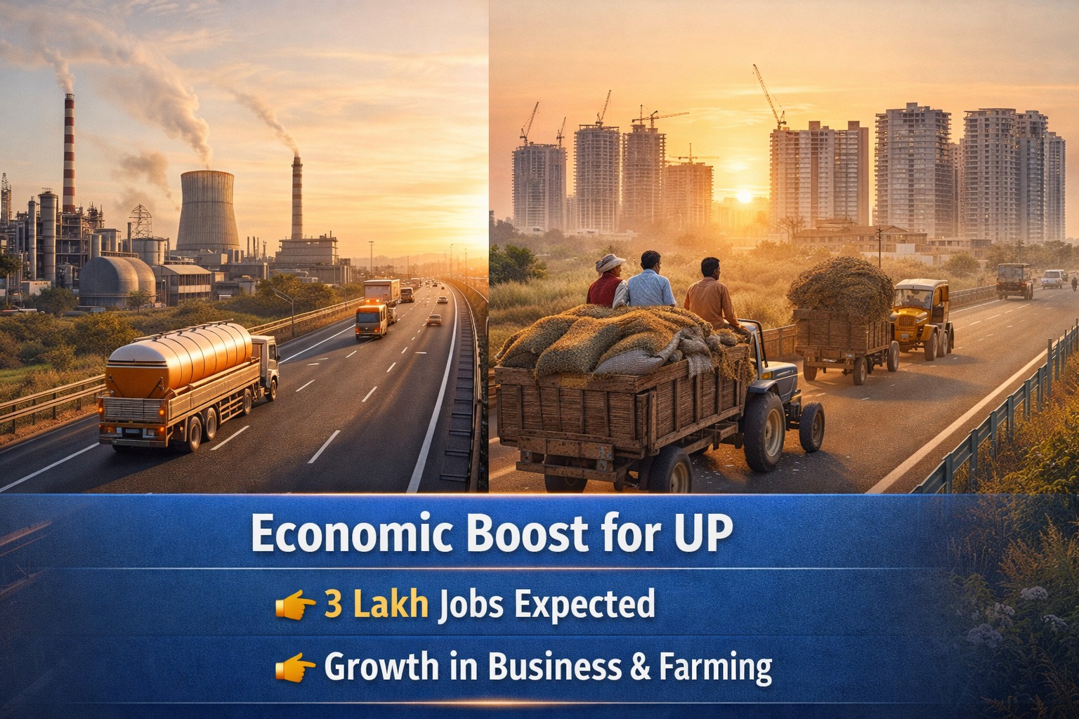 Ganga Expressway economic impact showing industrial growth farming transport and infrastructure development in Uttar Pradesh
